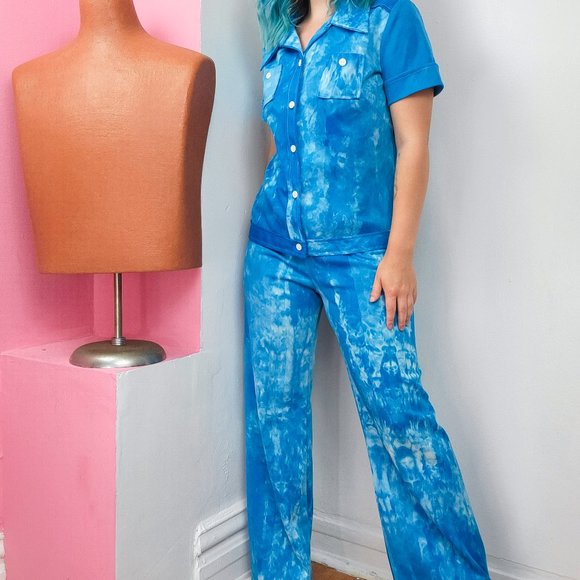 Vintage 70s Blue Tie Dye Polyester Pant Suit